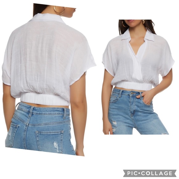 Elastic Waistband Cropped Shirt in White size M - Picture 2 of 10